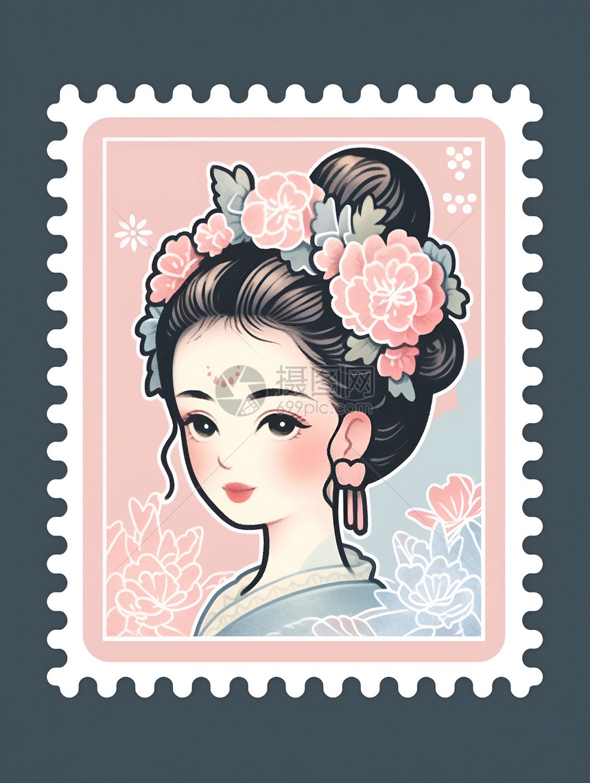 卡通风格的邮票少女插图图片