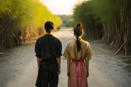 站在道路上的一对男女背景图片