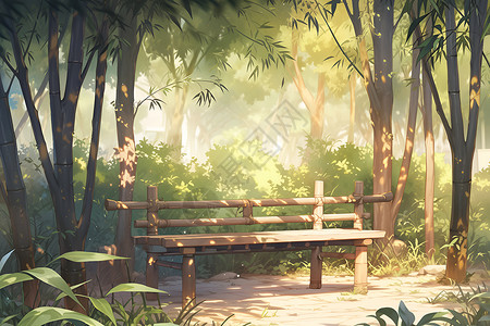 幽静森林中的木质长椅插画