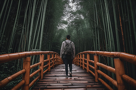 一名男子漫步于木桥上背景