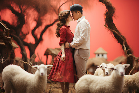 牧羊场浪漫情侣背景图片
