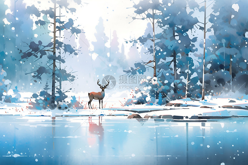 站在雪地里的鹿图片