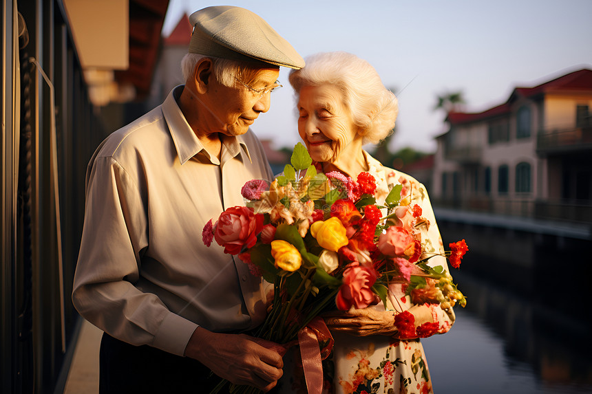 一对老年夫妻手牵手拿着花束图片