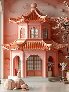淡粉色的古代阁楼模型背景图片