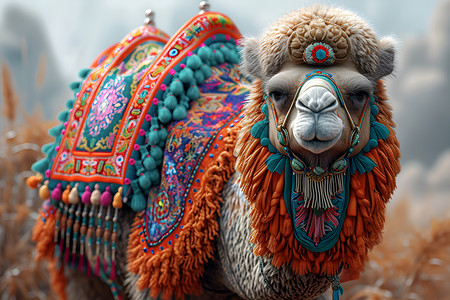 披着彩色丝绸的骆驼背景图片