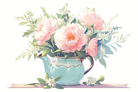 怀旧风格蓝色花花茶壶中的粉红牡丹花束高清图片
