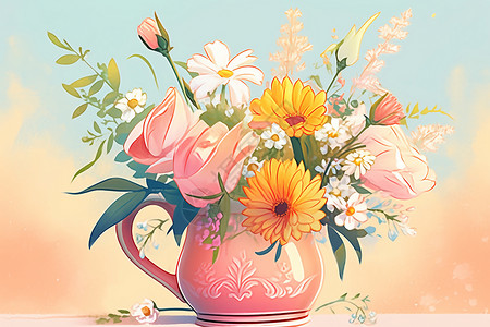 彩色鲜花美丽的花瓶和鲜花插画