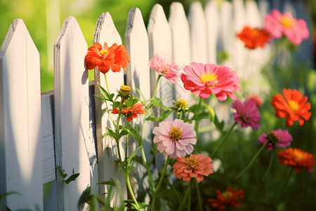 白色栅栏中的花朵背景图片