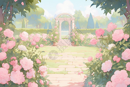 油画鲜花牡丹园的美景插画