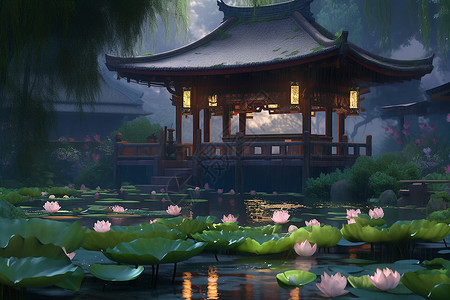 月下寺庙莲池背景图片