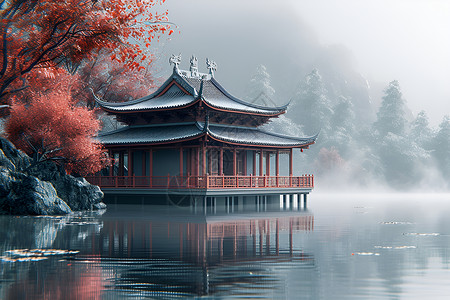 湖面上经幡湖面上的传统建筑插画