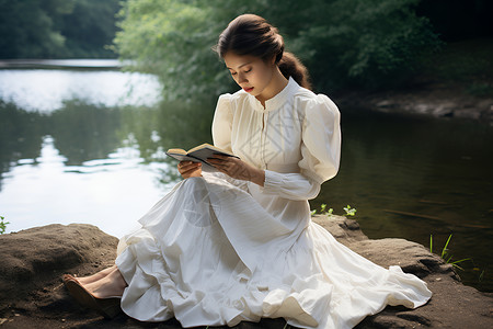 河边阅读书籍的女子背景图片