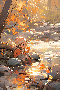 湖畔边的小女孩绘画背景图片