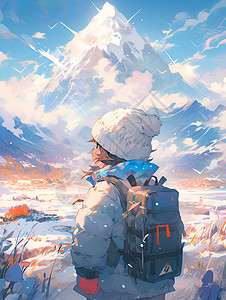 山脉间背着背包的男孩背景图片