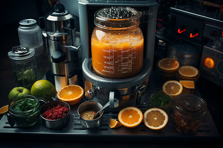桌子上的榨汁机和水果背景图片
