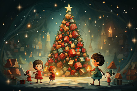 圣诞小孩子圣诞树前的小孩子插画