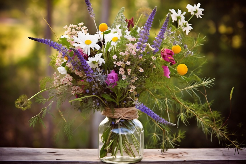 花瓶中美丽的杂草花朵图片