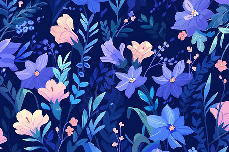 粉蓝色唯美花瓣蓝色背景中的花朵插画