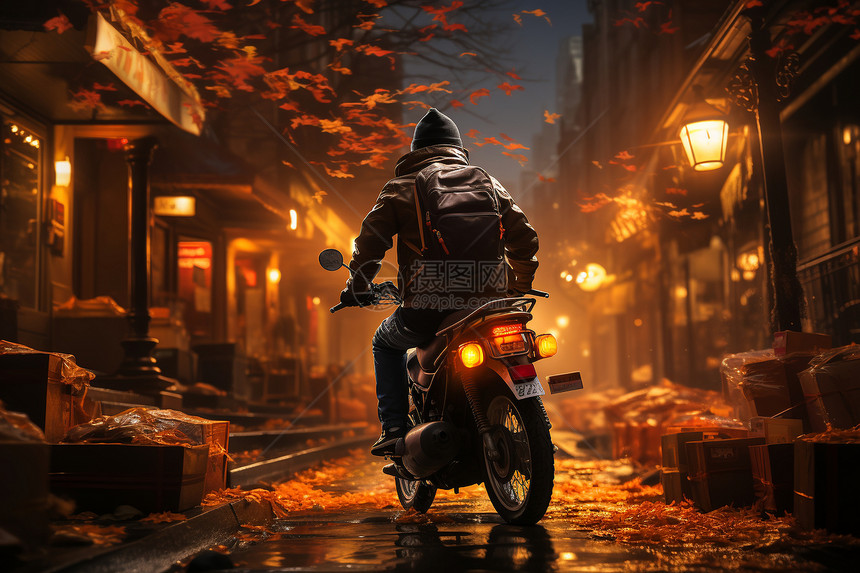 夜幕街道上骑车的男士图片