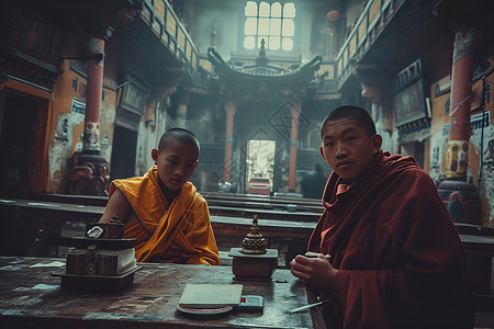 寺庙里的两位僧侣背景图片
