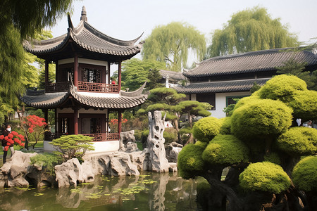 一幅中国古典花园背景图片