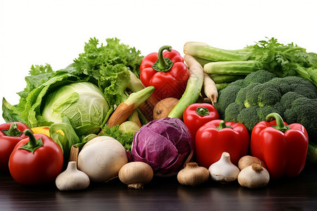 多彩的蔬菜堆叠在桌子上高清图片