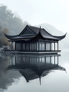 湖畔幽静的亭子背景图片