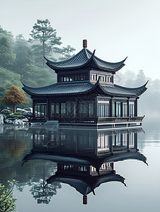 宁静水畔的中国亭背景图片