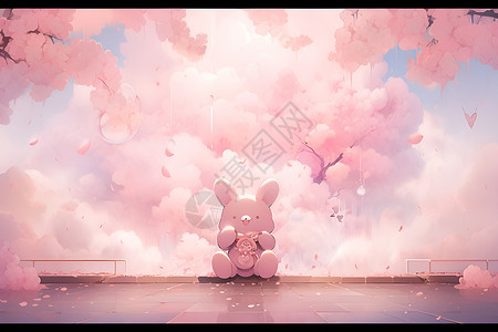 云朵制成的炫丽粉色小熊背景图片