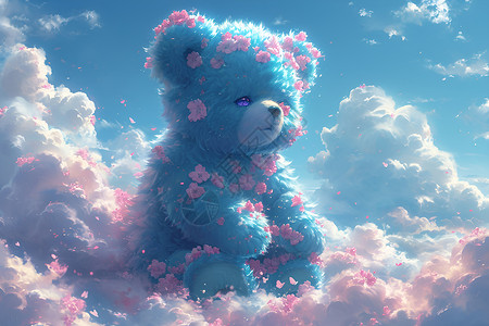 蓝色小熊玩具可爱的花朵和玩具熊插画