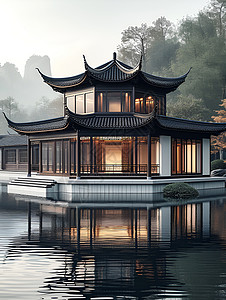 水中的中国亭子背景图片