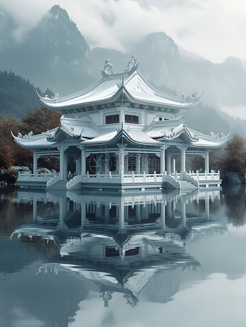 水中的中国亭子图片
