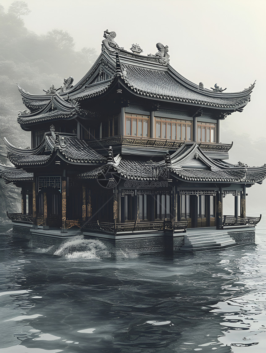 在水中的中国凉亭图片