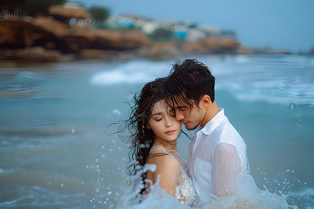 海滩上拥抱的年轻情侣背景图片