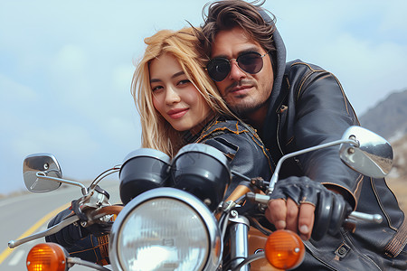 黄发双骑摩托车的情侣背景