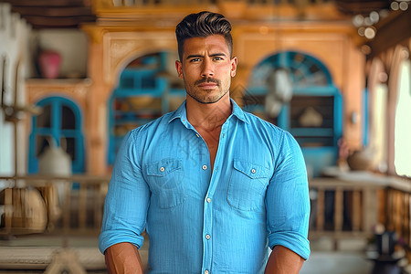 男子身穿蓝色衬衫背景图片