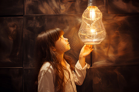 少女凝视发光的灯泡背景图片
