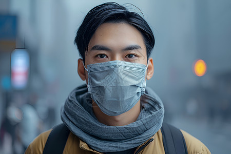 城市街道上戴着防护口罩的男子背景图片