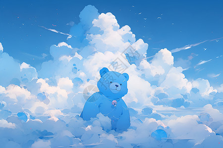 云朵中的蓝色熊玩偶背景图片