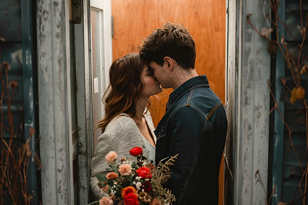 门口浪漫接吻的美丽情侣背景图片