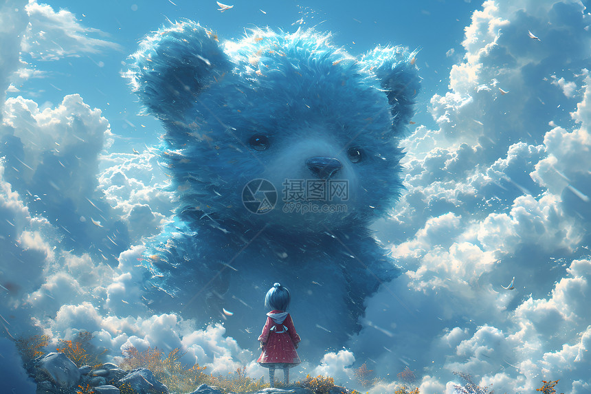 云海中的蓝色小熊插图图片
