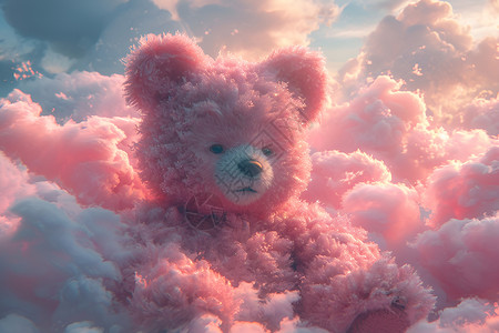 梦幻粉色云朵中的绒毛小熊背景图片