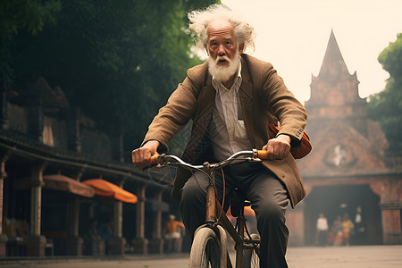 老者骑着自行车背景图片