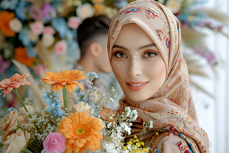 头巾下的女子与鲜花背景图片