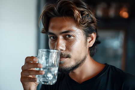 圆领衫男子举着玻璃杯喝水背景