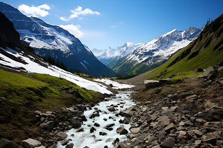 山谷流水雪峰相伴背景图片