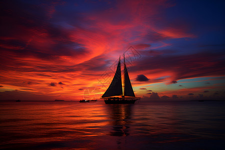 黄昏海洋的帆船背景图片