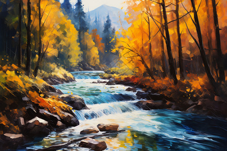 手绘艺术的秋季丛林风景油画插图背景图片