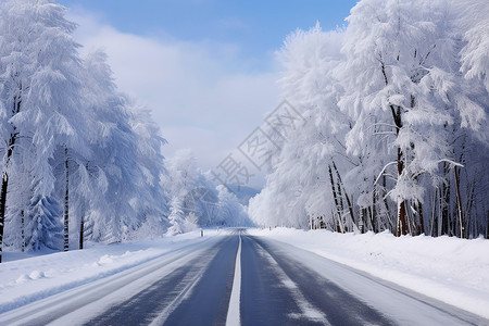 雪地飘零的冬日森林道路高清图片