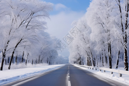 冰雪缭绕的冬季丛林道路高清图片